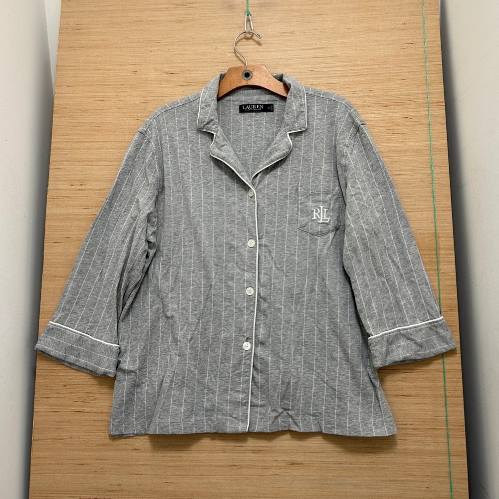 Lauren Ralph Lauren Grey Pinstripe Pajama Top 3/4 Sleeve Button Up XL 7083